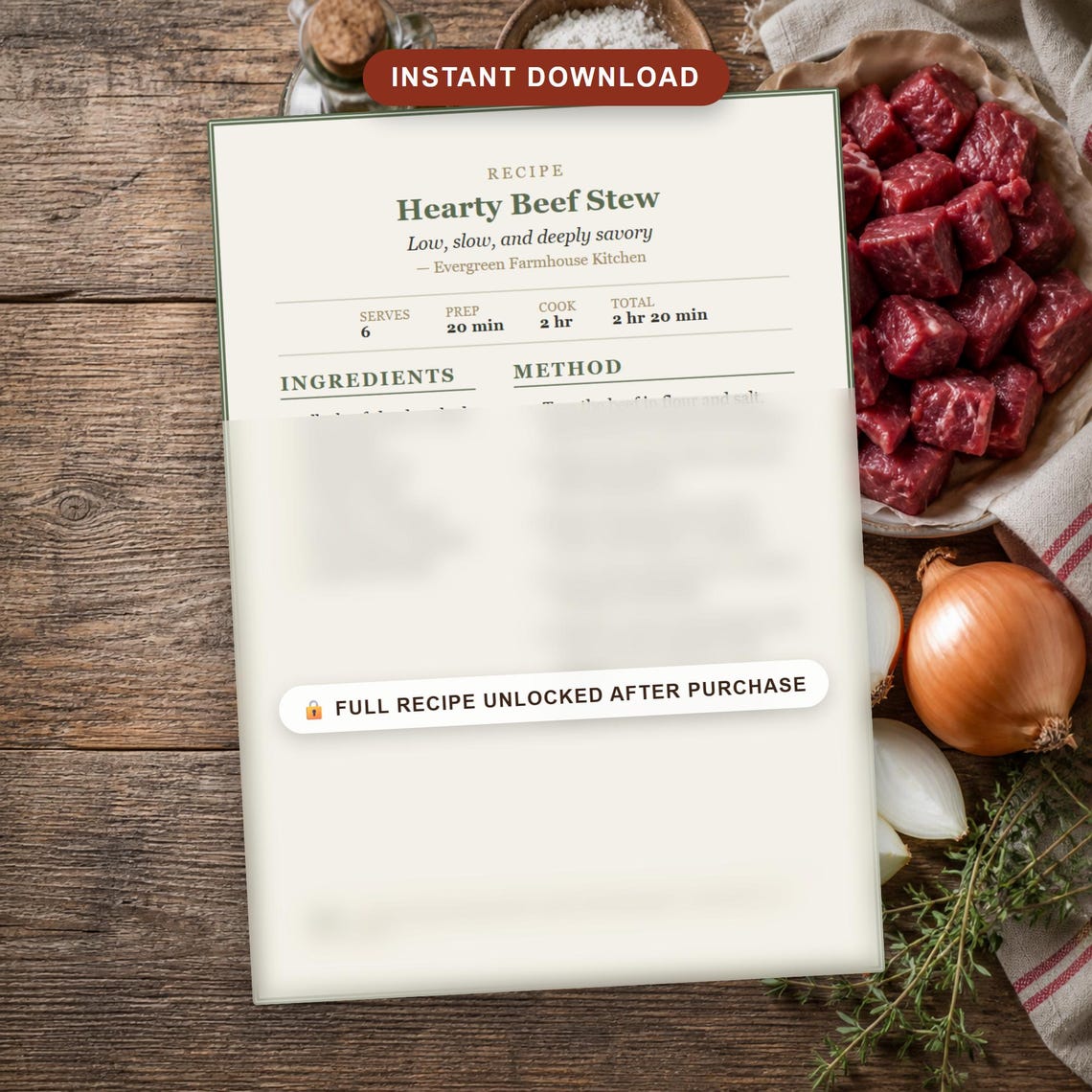 Stew Card Hearty Beef Stew Recipe Card | Printable 5x7