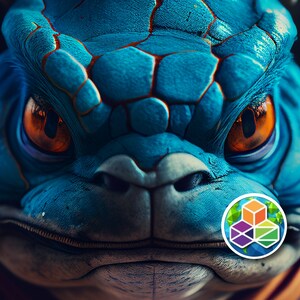 May include: Close-up of a blue, scaly creature with orange eyes. The creature has a serious expression and appears to be looking directly at the viewer.