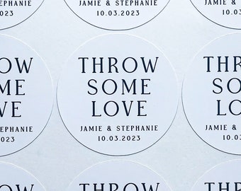 Pegatinas de boda Throw Some Love, pegatinas de boda personalizadas, pañuelos de boda, pegatinas de boda monocromáticas, pegatinas de confeti