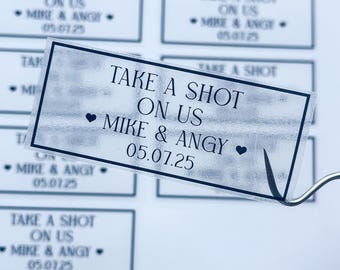 Take a Shot on  us wedding stickers, personalised wedding stickers, wedding favours, monochrome wedding stickers, clear stickers