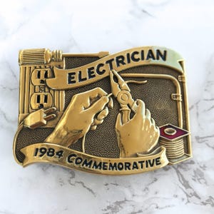 Vintage Men's Belt Buckle Electrician Commemorative Solid Brass 1984 Baron Buckle Limited Edition