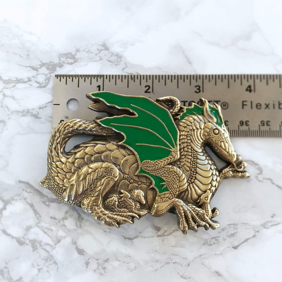 Vintage Belt Buckle Winged Dragon Solid Brass 198… - image 4