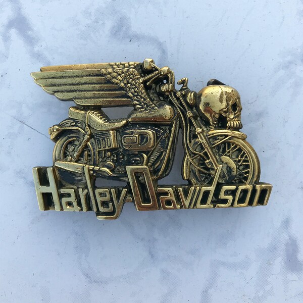 Vintage Harley Men's Belt Buckle Skull and Bike with Wings Solid Brass 1980 Baron Buckles