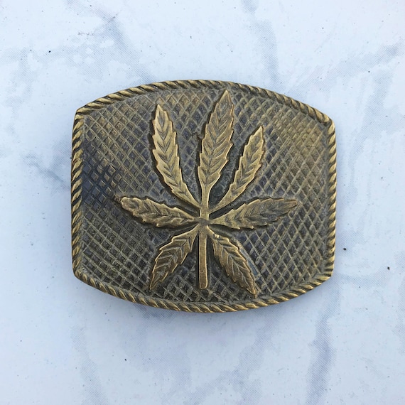 Vintage Belt Buckle Marijuana Leaf Solid Brass 1970s Baron 