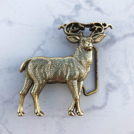 Vintage Belt Buckle Elk Solid Brass 1980 Baron Bu… - image 1