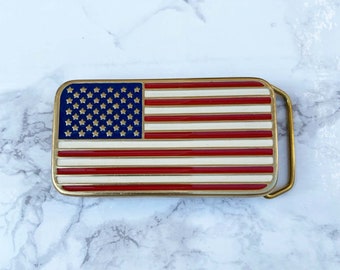 Vintage Belt Buckle USA Flag Solid Brass Epoxy Filled