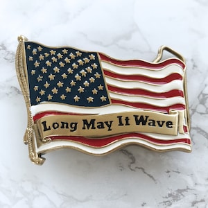 Vintage Belt Buckle USA Flag Solid Brass Epoxy Filled 1981 Long May it Wave