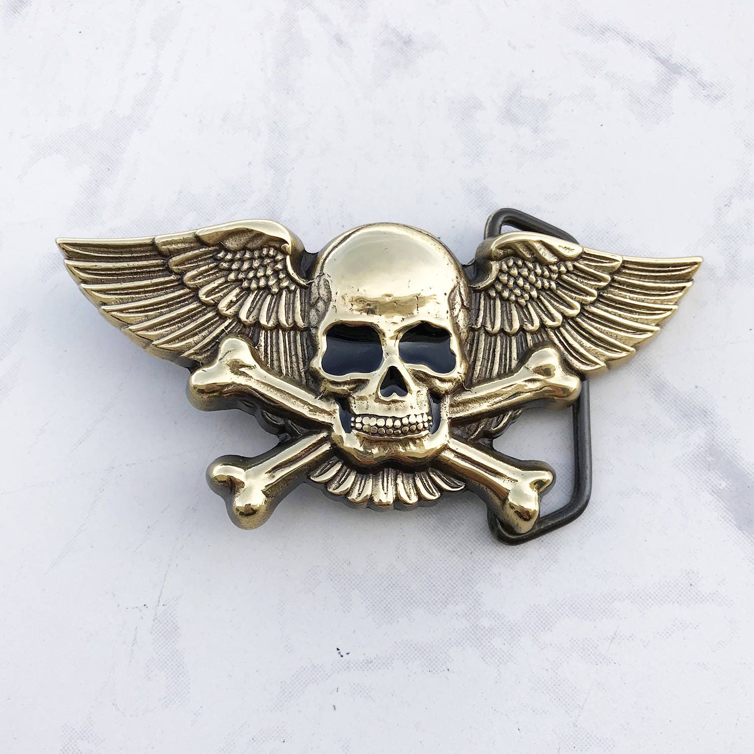 Vintage Men's Belt Buckle Skull and Crossbones With Wings