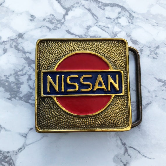 Vintage Belt Buckle Nissan 1970s Square Solid Brass Epoxy filled Baron Buckles