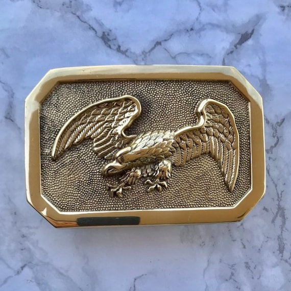 Vintage Men's Belt Buckle Eagle Square Solid Brass 1978 Baron