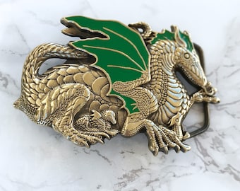 Vintage Belt Buckle Winged Dragon Solid Brass 1982 Baron Buckles