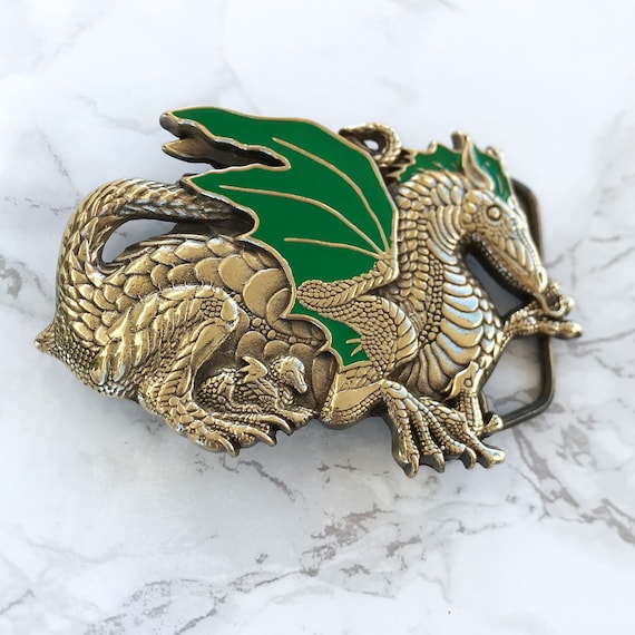 Vintage Belt Buckle Winged Dragon Solid Brass 198… - image 1