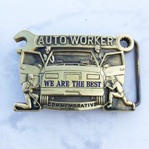 Vintage Men&#39;s Belt Buckle Auto Worker Commemorative Solid Brass 1984 Baron Buckle Limited Edition