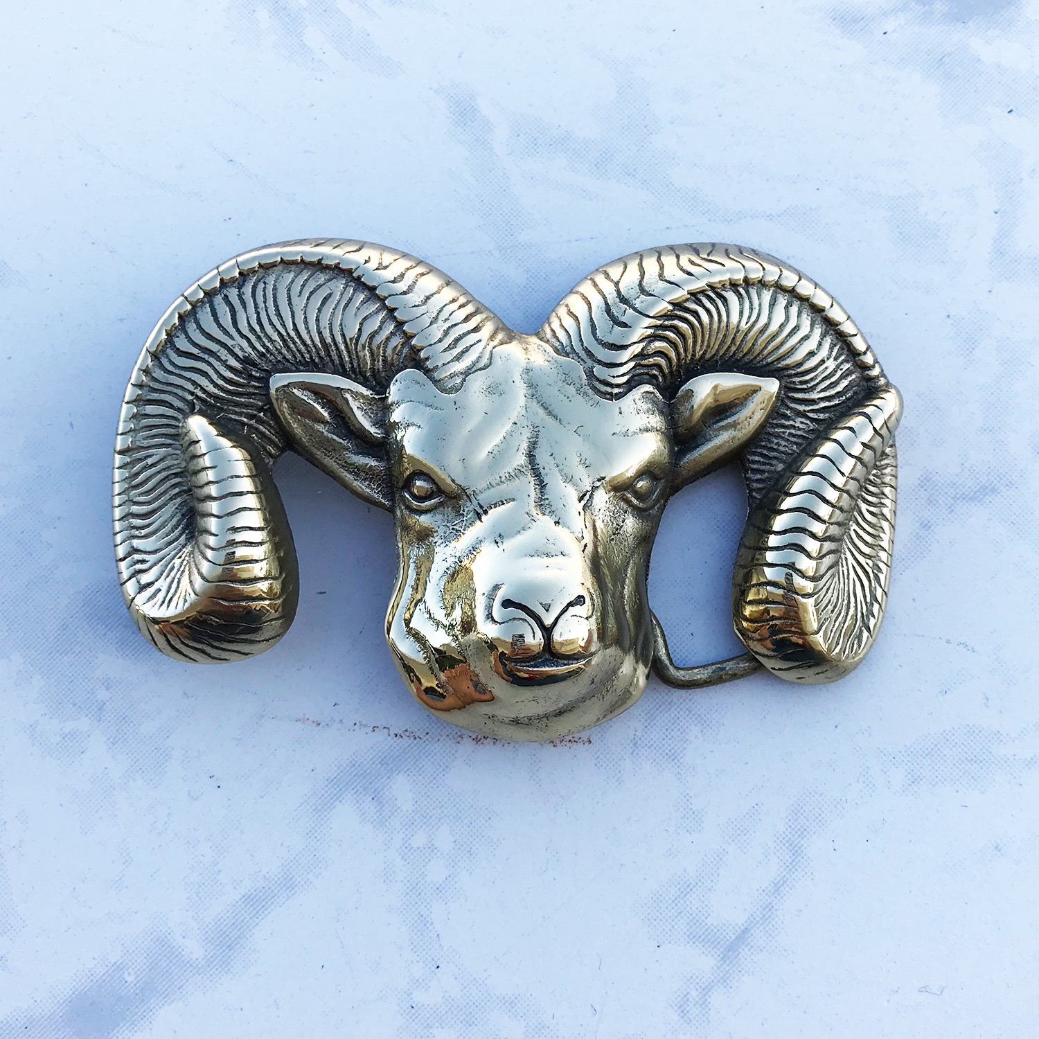Vintage Belt Buckle Big Horn Ram Sheep Solid Brass 1978  display picture 1