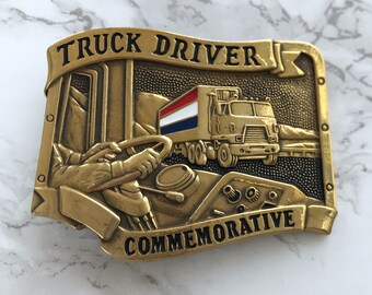 Vintage Belt Buckle Truck Driver Commemorative Solid Brass 1984 Baron Buckle Limited Edition