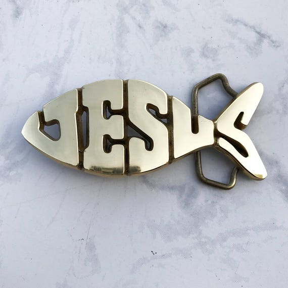 Vintage Men's Belt Buckle Jesus Fish Solid Brass … - image 1