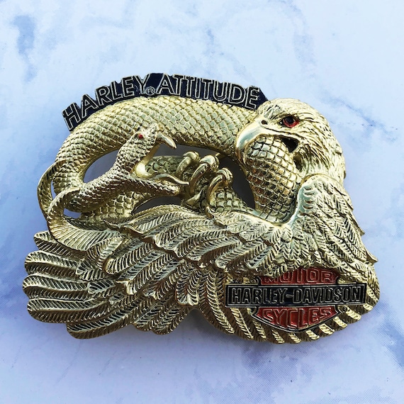 Vintage Harley Men's Belt Buckle Eagle and Snake Harley Attitude Solid Brass 1993 Baron Buckles