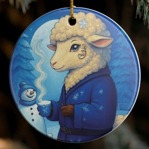 Whimsical Sheep Christmas Ornament, Cozy Winter Lamb with Snowman Keepsake