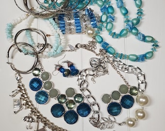 Vintage jewelry lot, Blue Junk jewelry lot, Junk jewelry lot, tangled Crafting Broken Jewelry Lot