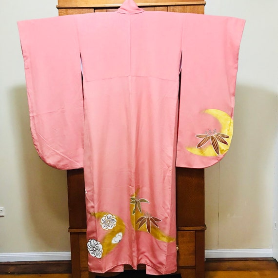 1960's Silk Kimono Salmon Pink with hand Painted … - image 5