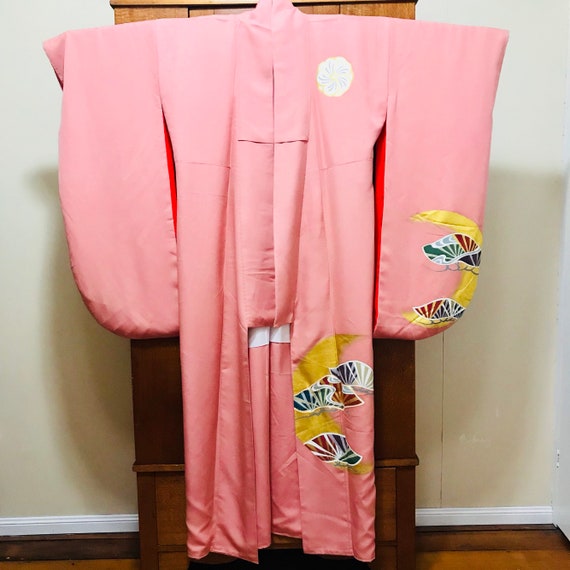 1960's Silk Kimono Salmon Pink with hand Painted … - image 1