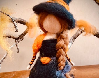 Needle Felted Pumpkin Witch for Halloween, Waldorf inspired, home decor, fall autumn nature table