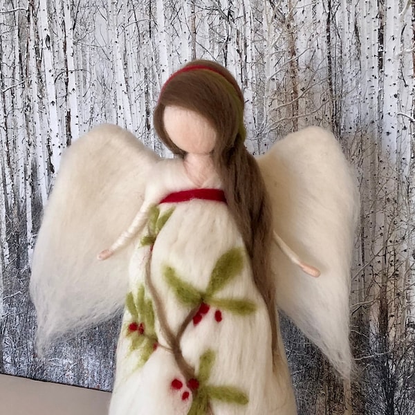 Needle Felt Holly Angel Tree Topper, Waldorf inspired, Christmas tree