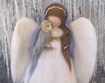 Needle Felt Angel with Owl Tree Topper, Christmas, gift, wool