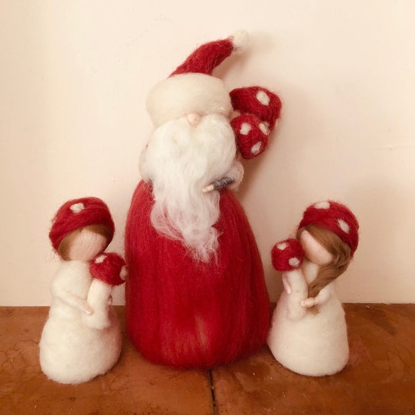 Needle Felt Santa Claus Mushroom and Two Mushroom Children - Waldorf inspired, christmas decor, Sami Santa Claus, red mushrooms