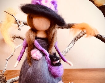 Needle felted flower witch for Halloween, Waldorf inspired, autumn fall nature table, home decor, black cat