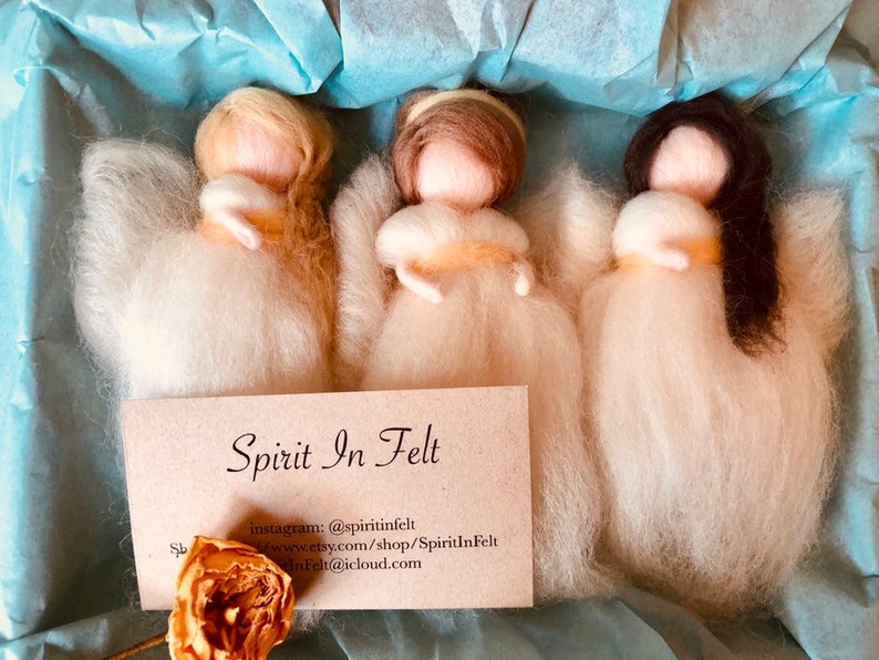 waldorf inspired Christmas Christmas 3 Needle felted guardian fairies-angels white and gold ornaments grieving