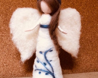 Needle felt stand alone angel white and blue, Christmas, home decor, gift, waldorf inspired