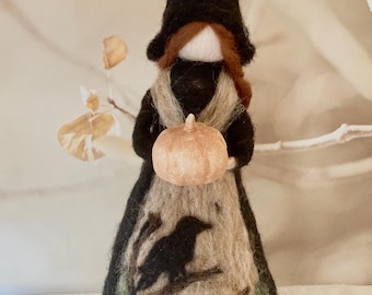 Vintage farmhouse Halloween witch with crow and pumpkins figurine, fall  Waldorf decor,  cottagecore decor, folk art,primitive rustic decor
