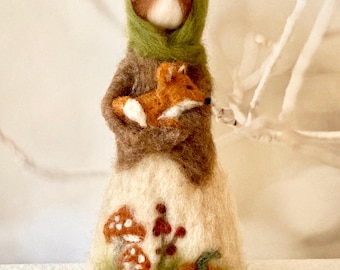 Needle felt Autumn woodland fairy figurine holding a fox, vintage farmhouse decor,Waldorf,cosy woodland decor,Thanksgiving decor,cottagecore