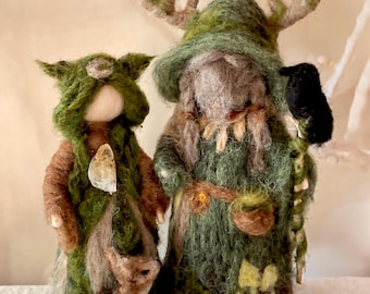 Gardians of the Forest, Druid and Forest fairy needle felted figurines, Halloween decor, fall nature, mantel decor, witch, cernunnos,green