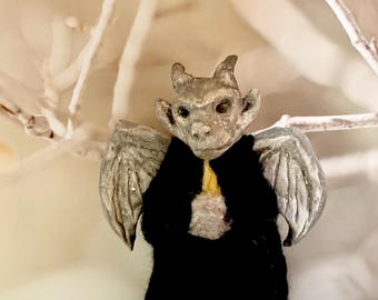 Gothic Gargoyle clay and wool figurine, Halloween decor,medieval gothic decor, mantel decor, witch, book nook, castlecore, fairytale whimsy