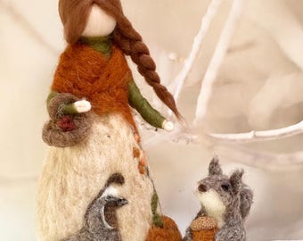 Needle felted Autumn fairy figurine with quail, squirrel fall decor, Waldorf, farmhouse decor,Halloween,Thanksgiving decor,cottagecore