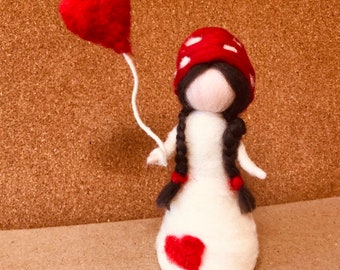 Needle felt mushroom girl with heart balloon waldorf inspired, valentine gift