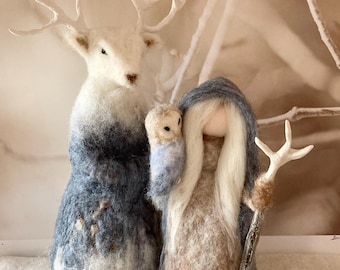 Celtic winter  solstice decor, Cailleach and white stag figurines or tree toppers winter centerpiece table, Christmas decor,  mantel, altar