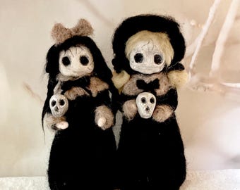 Gothic Victorian creepy doll Halloween clay and wool figurines, gothic Halloween decor, Halloween decor, retro Halloween, witchy vibe,skull