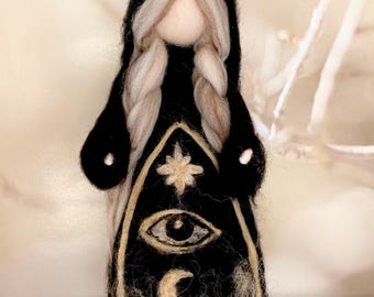 High Priestess tarot card figurine with the eye of intuition, moon and star, altar, mantel, celestial vintage decor