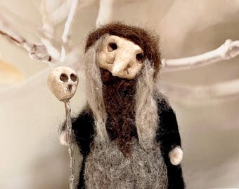 Baba Yaga clay and wool figurine, Halloween decor, vintage Halloween, witchy decor, witch, fairy tale, slavic folklore