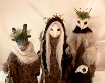 A Mystical Halloween Night, Cailleach, owl spirit, púca and crow clay and wool figurines, Halloween decor, Forest,  Samhain mantel  gothmas