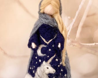 The lady and the unicorn figurine, medieval fantasy decor, fairytale decor, vintage botanical decor, winter decor, snow, night, moon