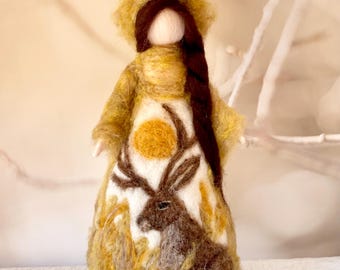 Harvest fairy figurine with Jackslope, fall equinox mantel decoration, harvest decor, fall centerpiece decor, folk autumn decoration, altar