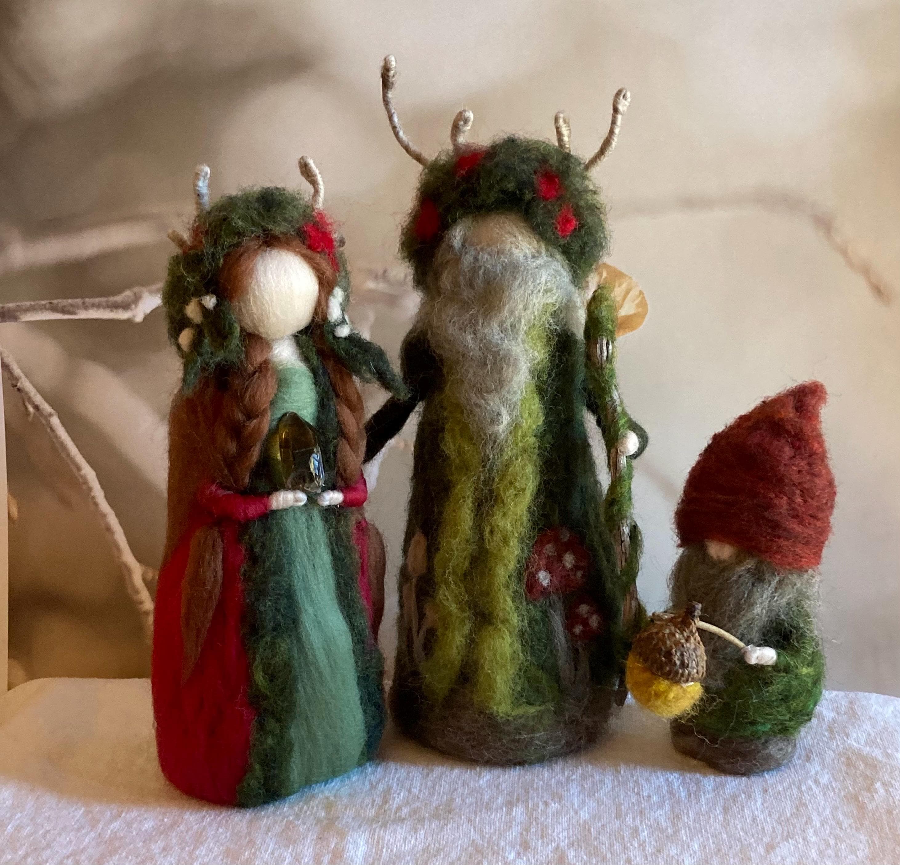 Needle felt winter solstice, Yule Christmas nature table waldorf inspired with Yule king, Yule goddess and a gnome. Christmas decor, mantel