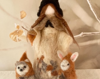 Needle felt Halloween witch fairy with her woodland friends, Halloween parade, Waldorf decor , autumn decor, Halloween, autumn decor