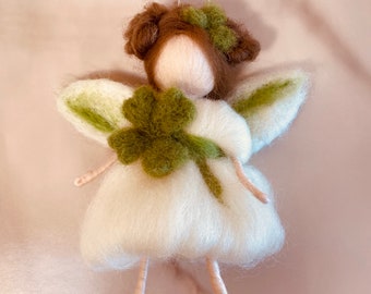 Needle felted St Patrick fairy with four leaves clover