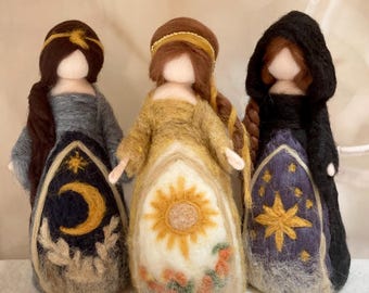 Three tarot card fairy goddess figurines, Sun, moon, star, altar, mantel, celestial decor