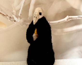 Cute gothic Halloween spirit with crow skull and candle clay and wool figurine, Halloween decor, fall nature, mantel , witch, goddess, altar